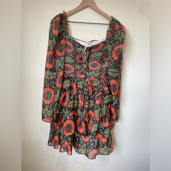 NWT BEULAH|| Mini Dress M Green Orange Abstract Tiered Fairycore Boho Cottage - Picture 3 of 9